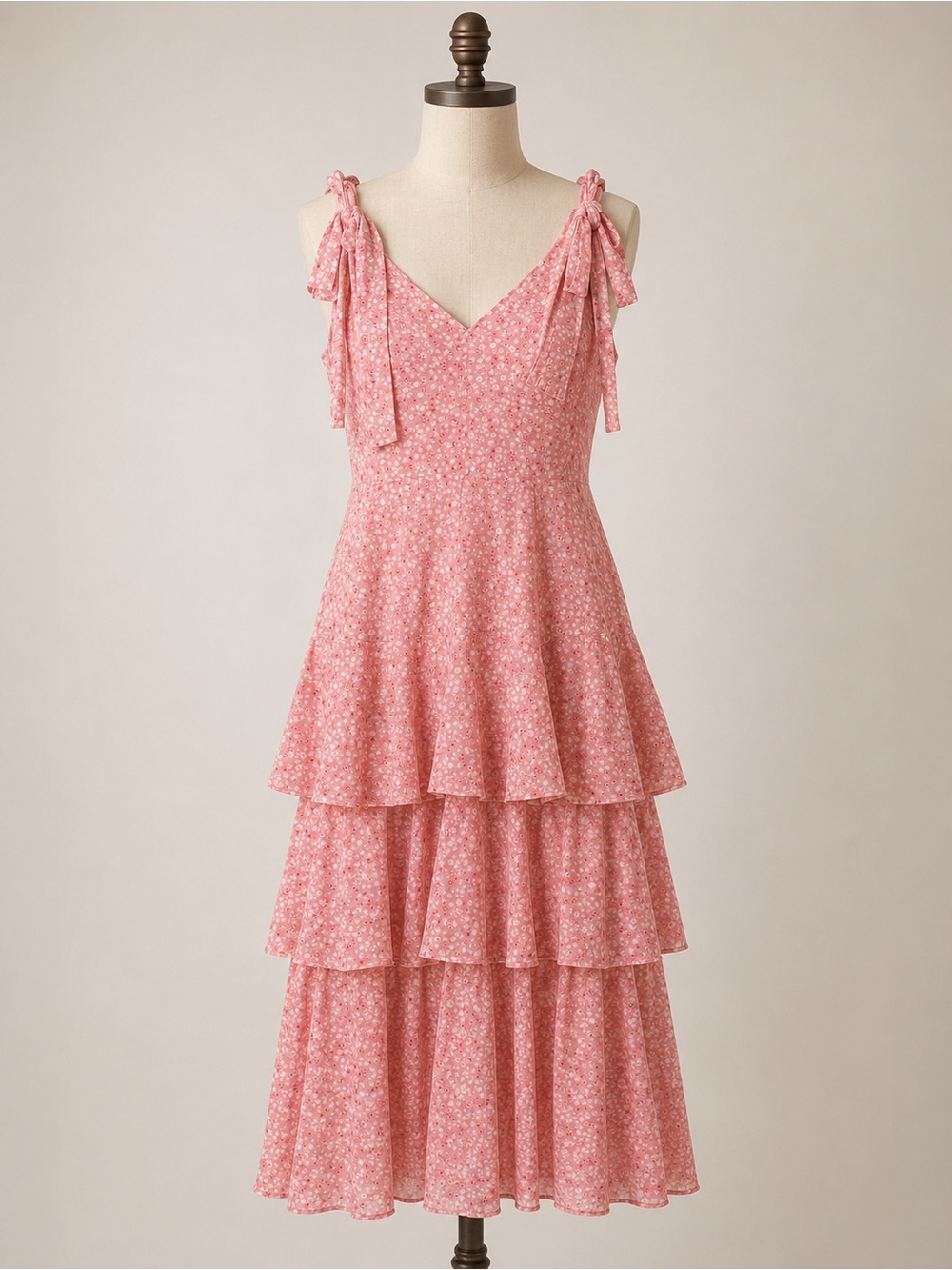 WAYF Summery Pink Floral Tiered Tie-Shoulder Maxi Dress